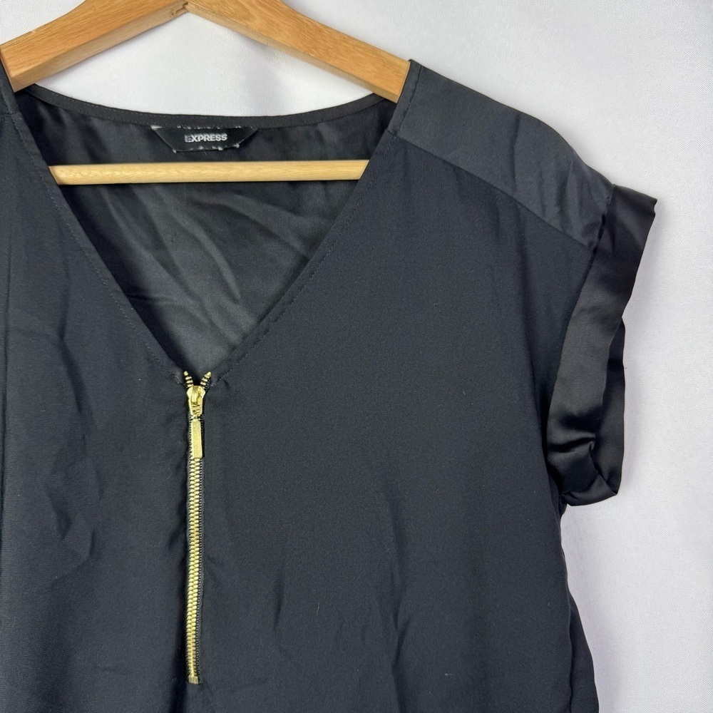 Express Black Satin Gold Zip Front Short Sleeve Top S - Picture 4 of 4